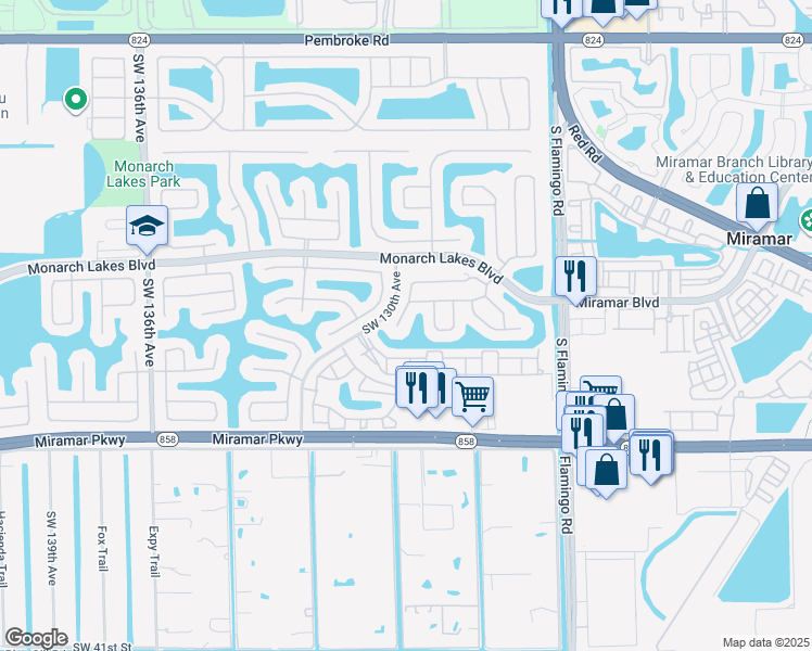 map of restaurants, bars, coffee shops, grocery stores, and more near 2757 Southwest 129th Terrace in Miramar