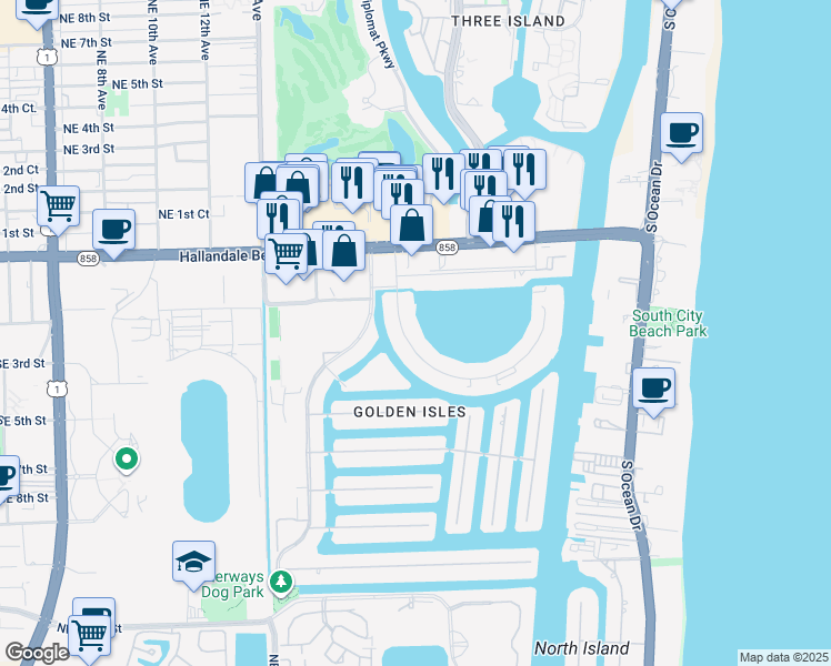 map of restaurants, bars, coffee shops, grocery stores, and more near 430 Golden Isles Drive in Hallandale Beach