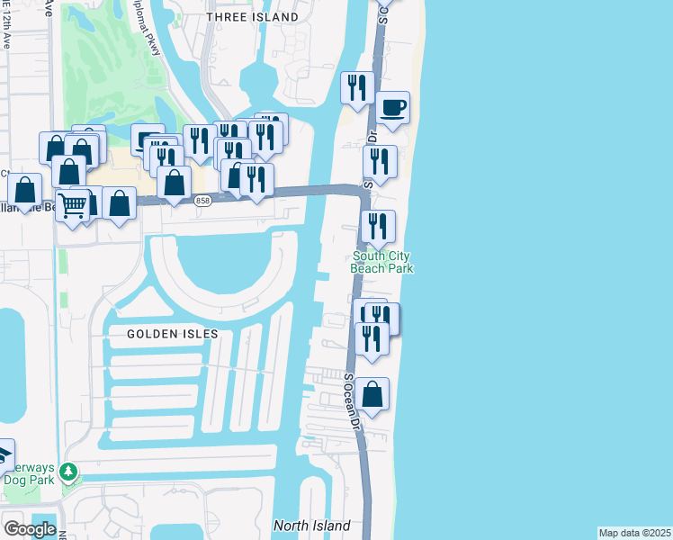 map of restaurants, bars, coffee shops, grocery stores, and more near 1889 South Ocean Drive in Hallandale Beach