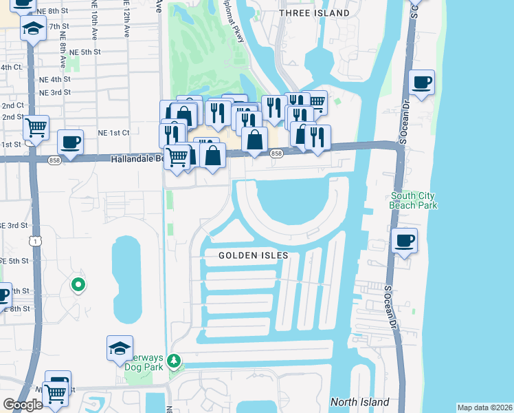 map of restaurants, bars, coffee shops, grocery stores, and more near 430 Golden Isles Drive in Hallandale Beach