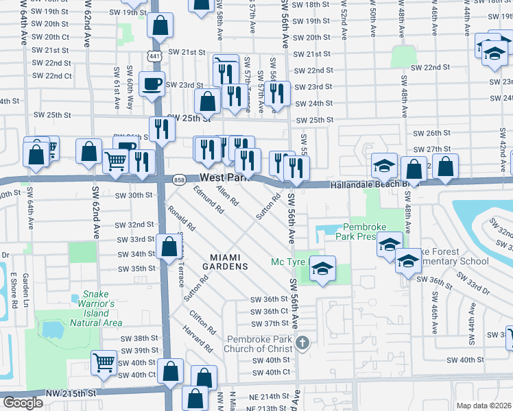 map of restaurants, bars, coffee shops, grocery stores, and more near 40 Marion Road in West Park