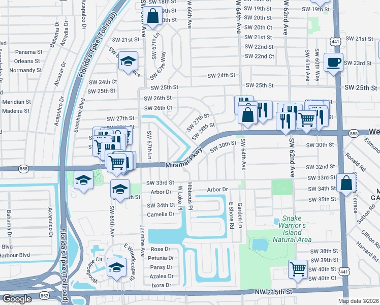 map of restaurants, bars, coffee shops, grocery stores, and more near 6610 Florida 858 in Miramar