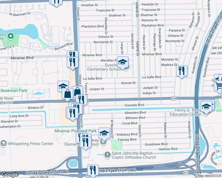 map of restaurants, bars, coffee shops, grocery stores, and more near 7812 Juniper Street in Miramar