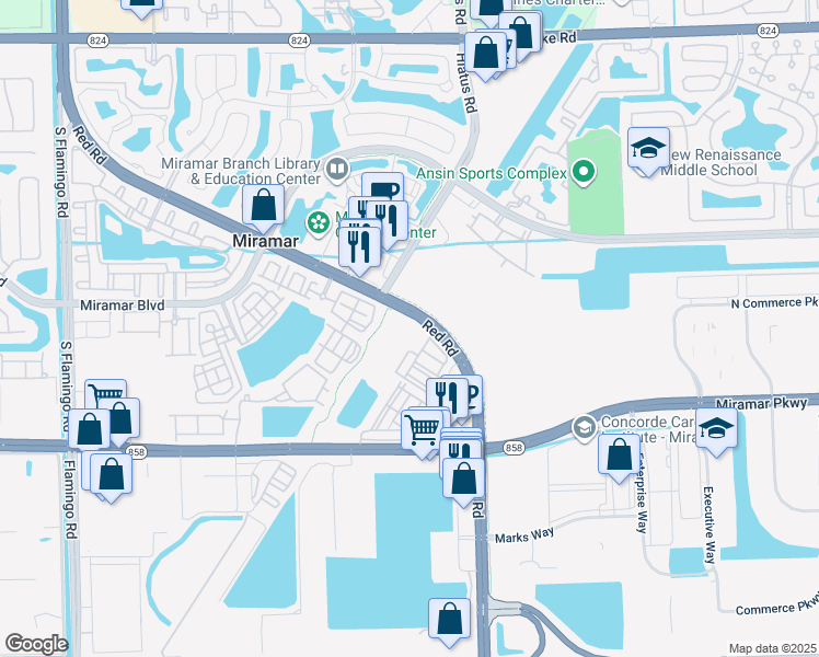 map of restaurants, bars, coffee shops, grocery stores, and more near Red Road in Miramar