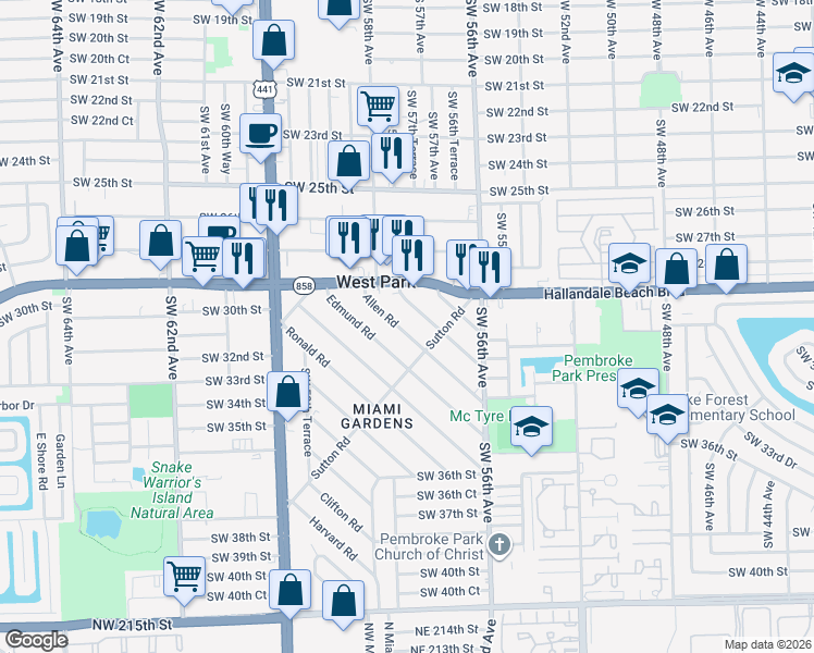 map of restaurants, bars, coffee shops, grocery stores, and more near 30 Allen Road in West Park