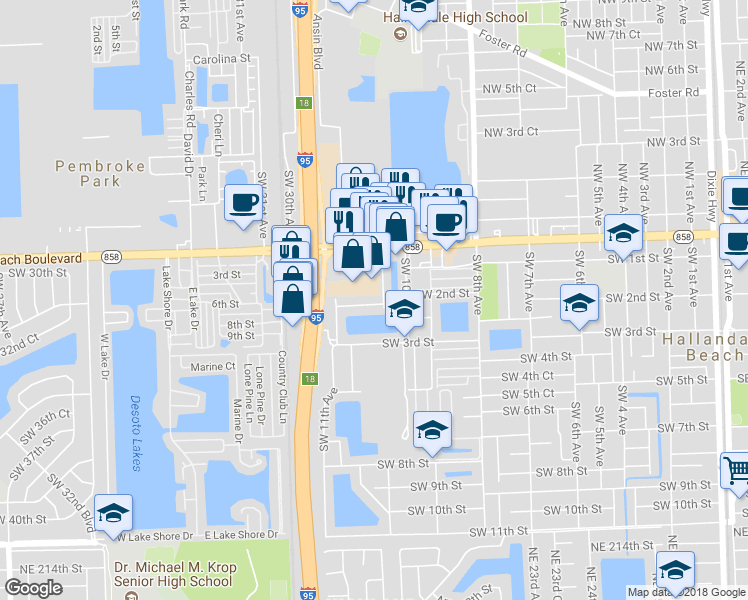 map of restaurants, bars, coffee shops, grocery stores, and more near 1037 Southwest 2nd Street in Hallandale Beach
