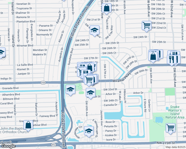 map of restaurants, bars, coffee shops, grocery stores, and more near 6819 Miramar Parkway in Miramar