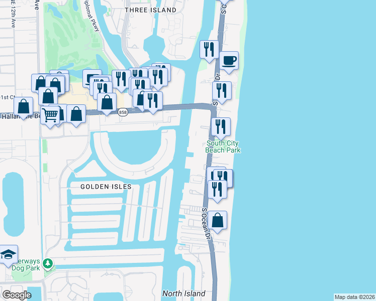 map of restaurants, bars, coffee shops, grocery stores, and more near 1889 South Ocean Drive in Hallandale Beach