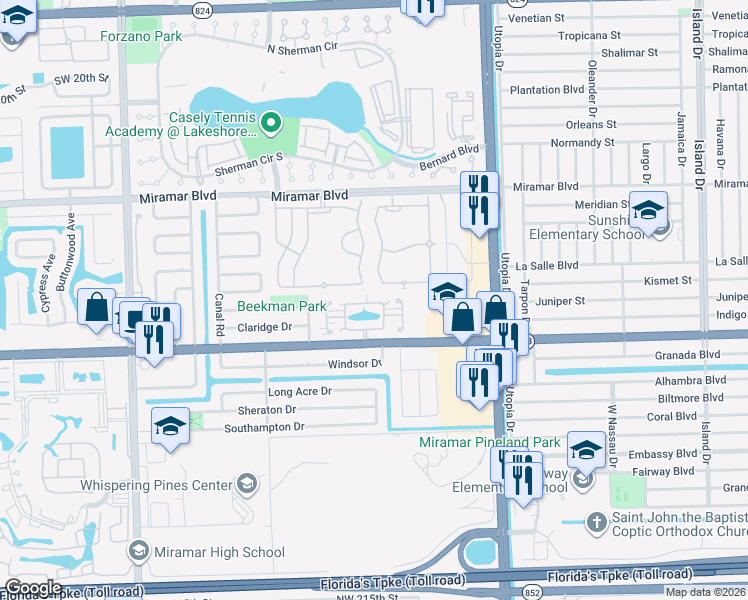 map of restaurants, bars, coffee shops, grocery stores, and more near 8389 North Missionwood Circle in Miramar