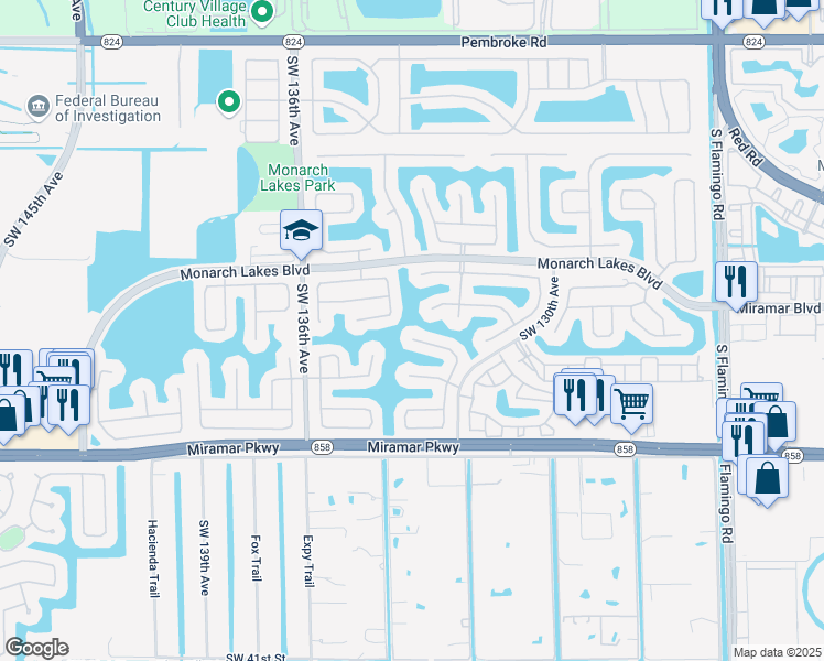 map of restaurants, bars, coffee shops, grocery stores, and more near 13183 Southwest 29th Street in Miramar