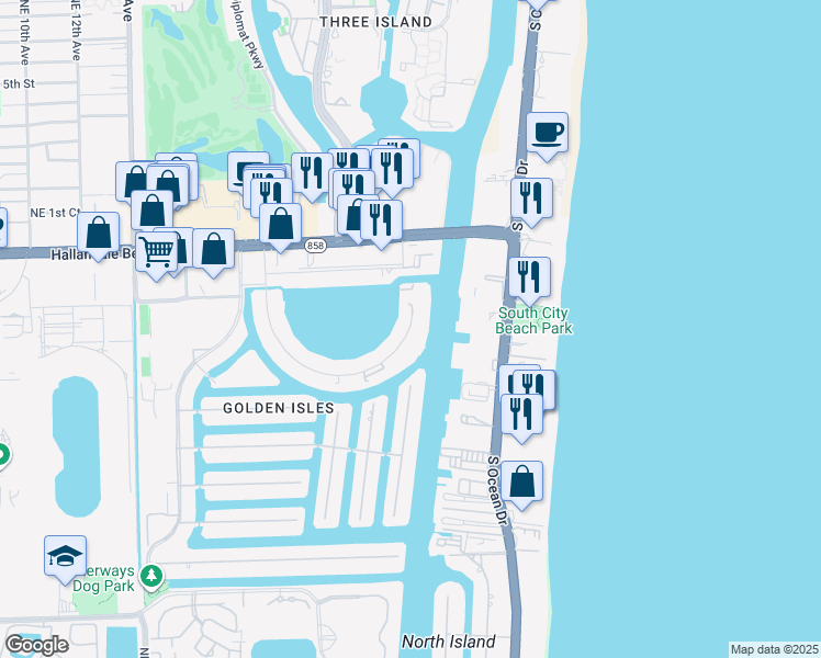 map of restaurants, bars, coffee shops, grocery stores, and more near 120 Golden Isles Drive in Hallandale Beach