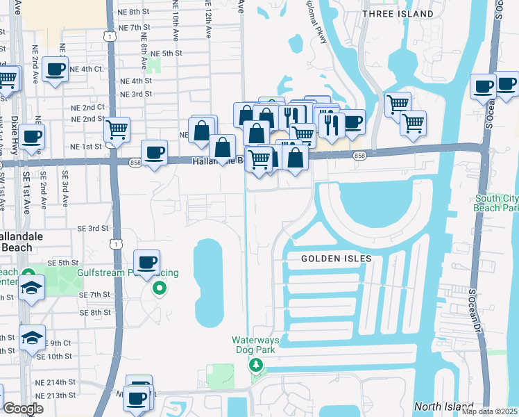 map of restaurants, bars, coffee shops, grocery stores, and more near 580 Blue Heron Drive in Hallandale Beach