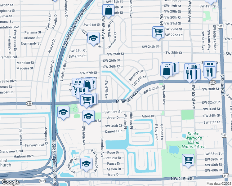map of restaurants, bars, coffee shops, grocery stores, and more near 3014 Southwest 67th Terrace in Miramar