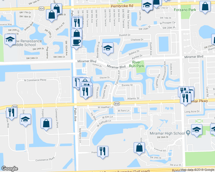 map of restaurants, bars, coffee shops, grocery stores, and more near 3031 Thames Way in Miramar