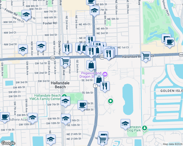 map of restaurants, bars, coffee shops, grocery stores, and more near 330 Southeast 2nd Street in Hallandale Beach