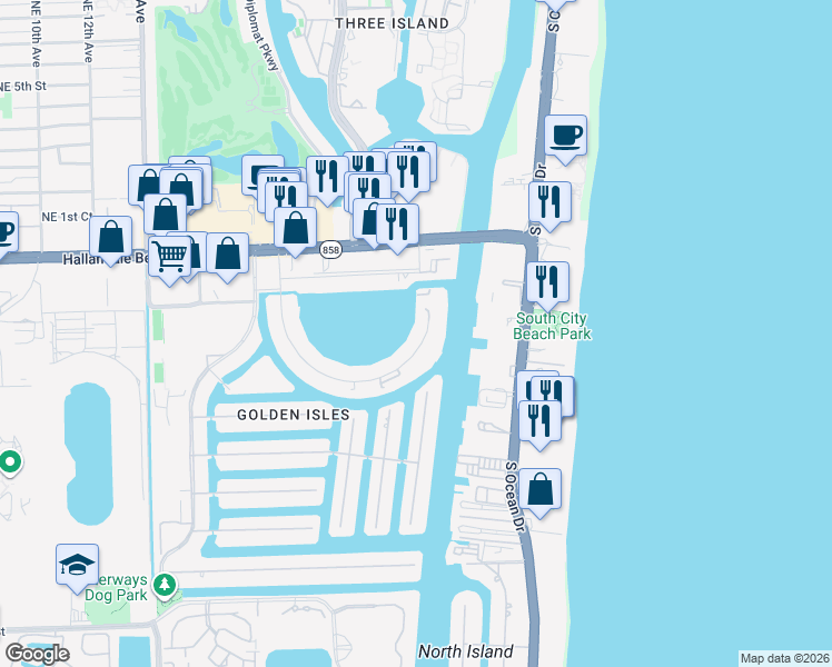 map of restaurants, bars, coffee shops, grocery stores, and more near 120 Golden Isles Drive in Hallandale Beach