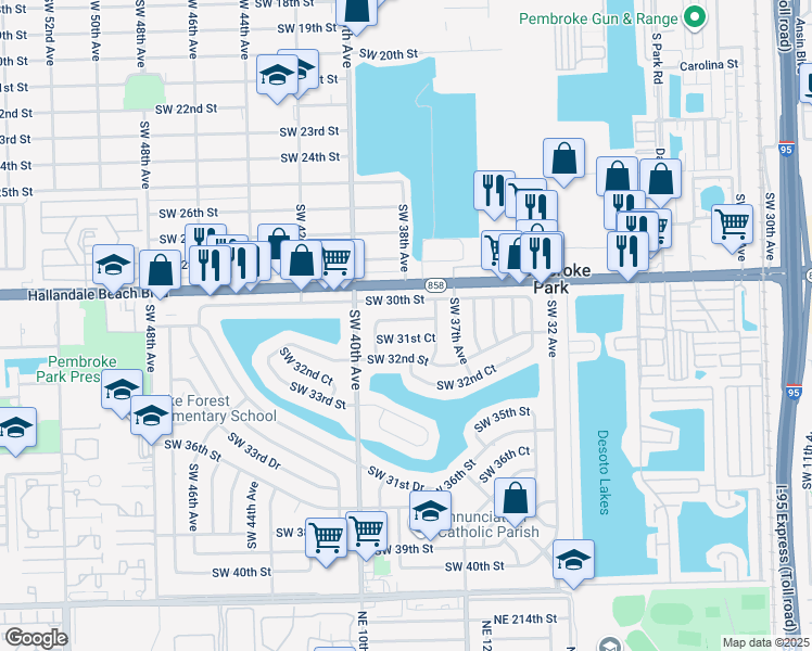 map of restaurants, bars, coffee shops, grocery stores, and more near 3830 Southwest 31st Street in West Park