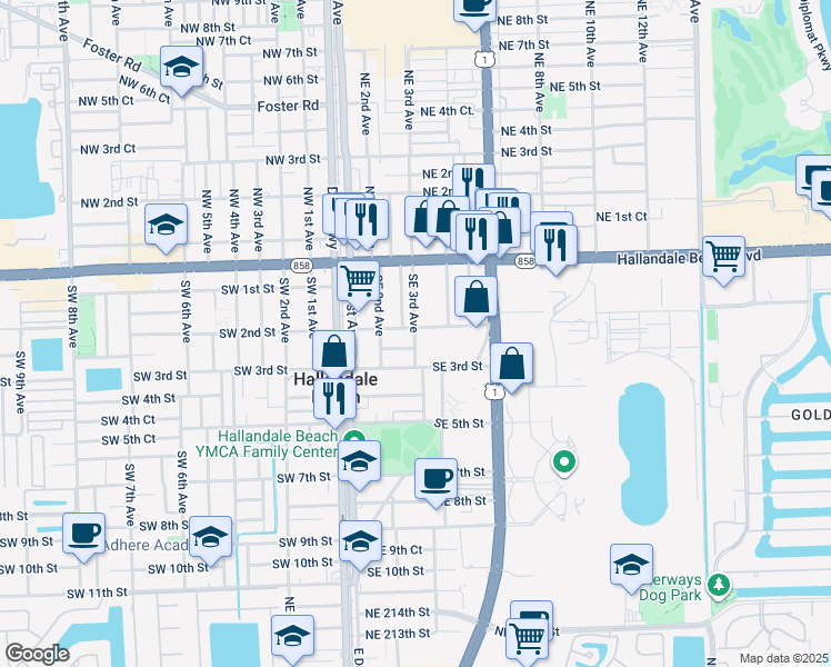 map of restaurants, bars, coffee shops, grocery stores, and more near 108 Southeast 2nd Street in Hallandale Beach