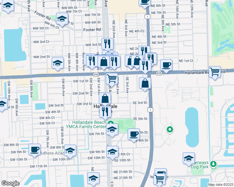 map of restaurants, bars, coffee shops, grocery stores, and more near 200 Southeast 2nd Street in Hallandale Beach