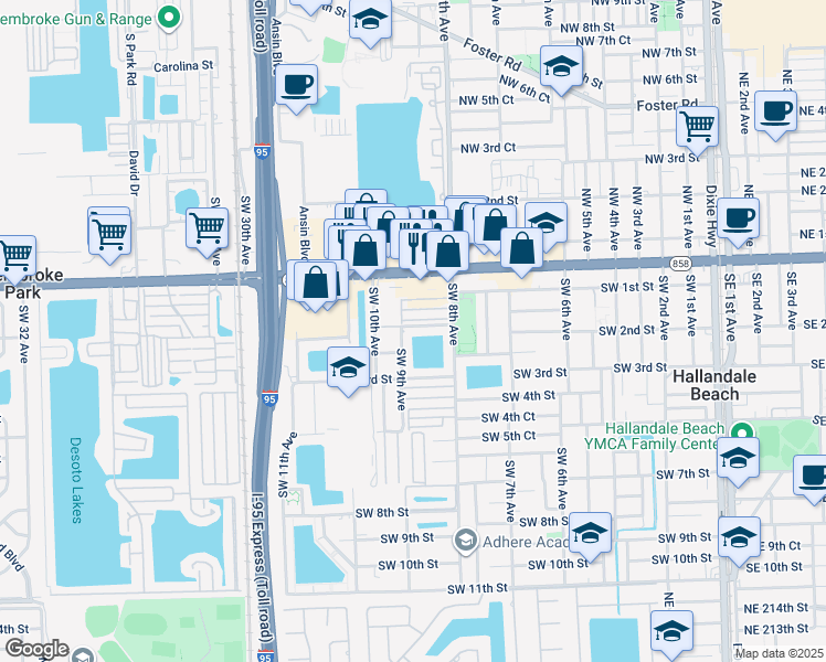 map of restaurants, bars, coffee shops, grocery stores, and more near 842 Southwest 2nd Street in Hallandale Beach