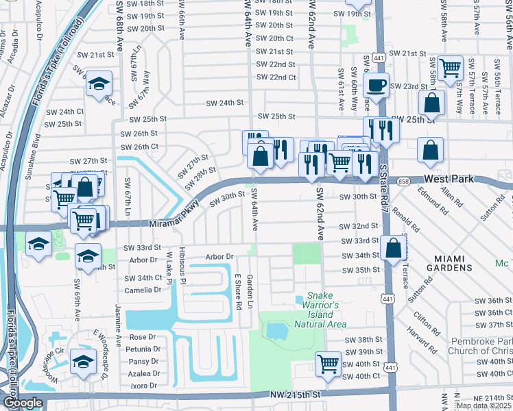 map of restaurants, bars, coffee shops, grocery stores, and more near 6332 Southwest 30th Street in Miramar