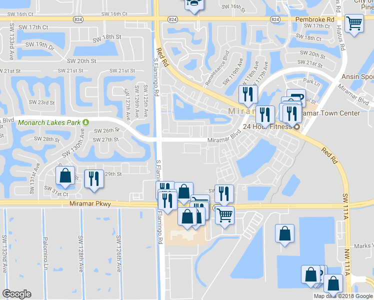 map of restaurants, bars, coffee shops, grocery stores, and more near 12253 Southwest 27th Street in Miramar