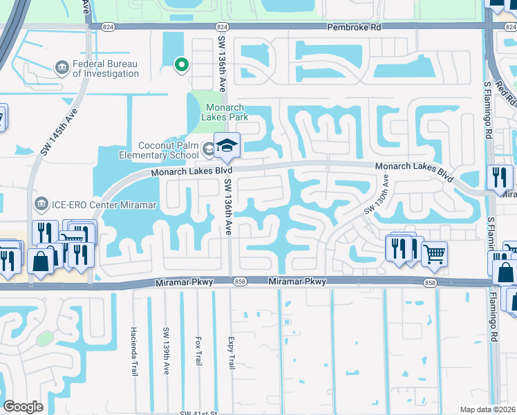 map of restaurants, bars, coffee shops, grocery stores, and more near 2789 Southwest 135th Avenue in Miramar