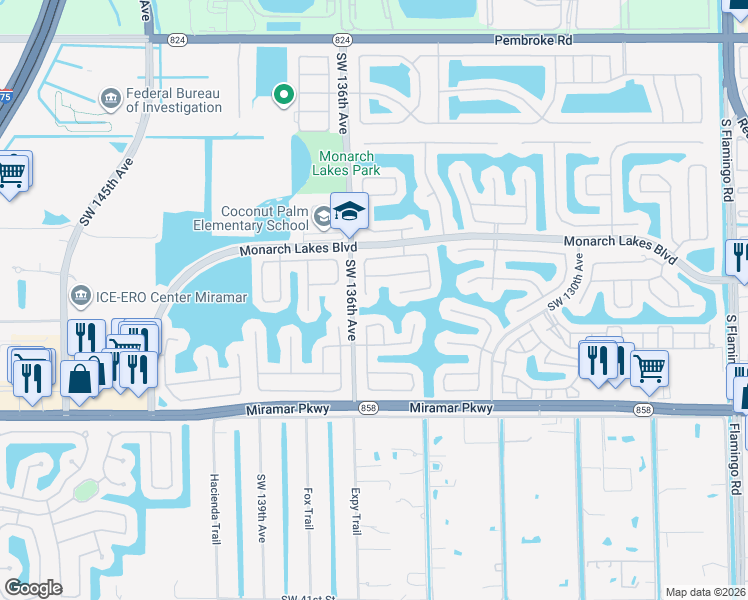 map of restaurants, bars, coffee shops, grocery stores, and more near 2789 Southwest 135th Avenue in Miramar