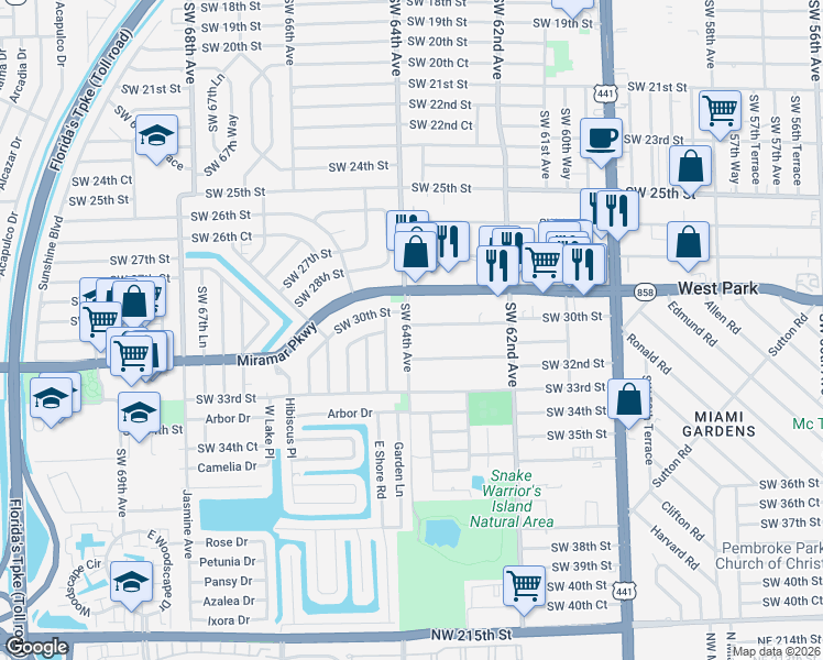 map of restaurants, bars, coffee shops, grocery stores, and more near 3001 Southwest 64th Avenue in Miramar