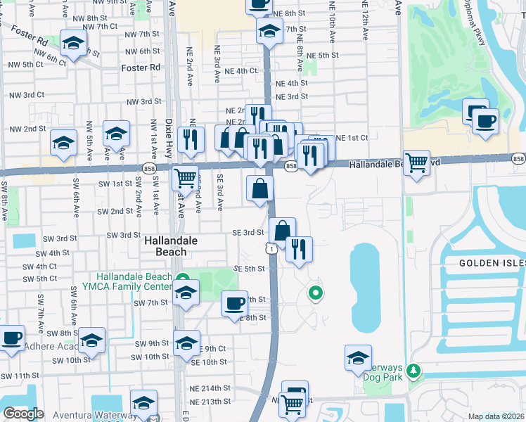 map of restaurants, bars, coffee shops, grocery stores, and more near 330 Southeast 2nd Street in Hallandale Beach