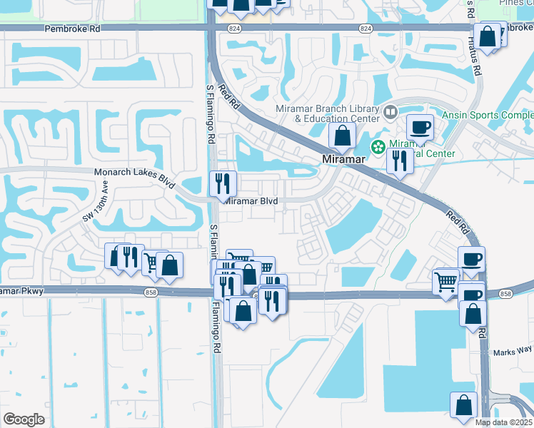 map of restaurants, bars, coffee shops, grocery stores, and more near 12167 Southwest 27th Street in Miramar