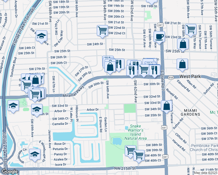 map of restaurants, bars, coffee shops, grocery stores, and more near 3001 Southwest 64th Avenue in Miramar