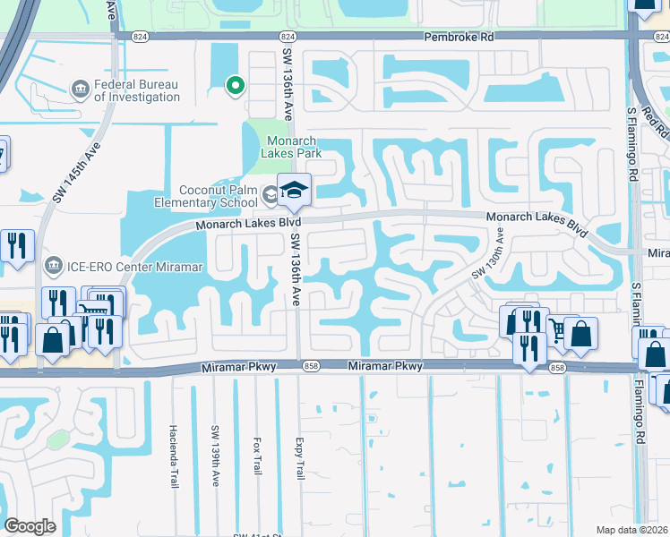 map of restaurants, bars, coffee shops, grocery stores, and more near 2789 Southwest 135th Avenue in Miramar