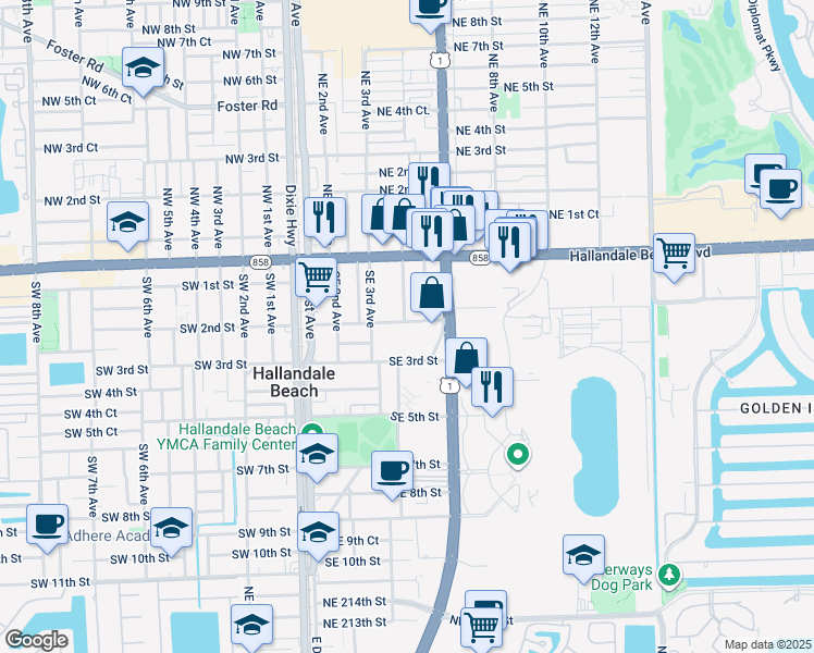 map of restaurants, bars, coffee shops, grocery stores, and more near 330 Southeast 2nd Street in Hallandale Beach