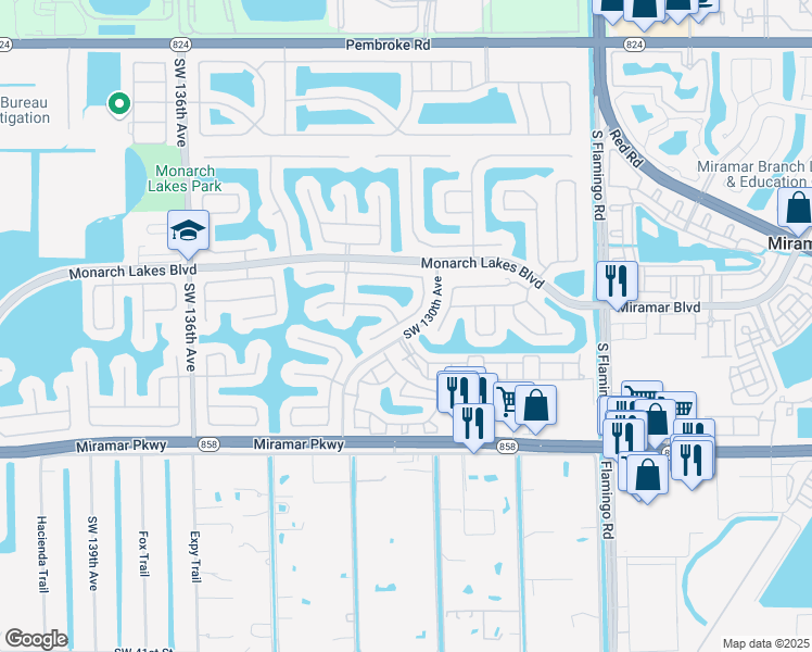 map of restaurants, bars, coffee shops, grocery stores, and more near 2775 Southwest 130th Terrace in Miramar