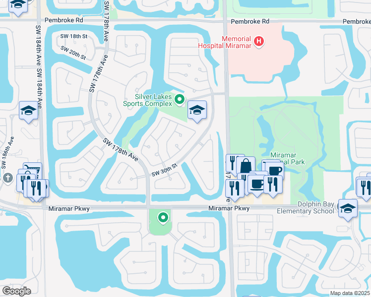 map of restaurants, bars, coffee shops, grocery stores, and more near 17445 Southwest 31st Court in Miramar