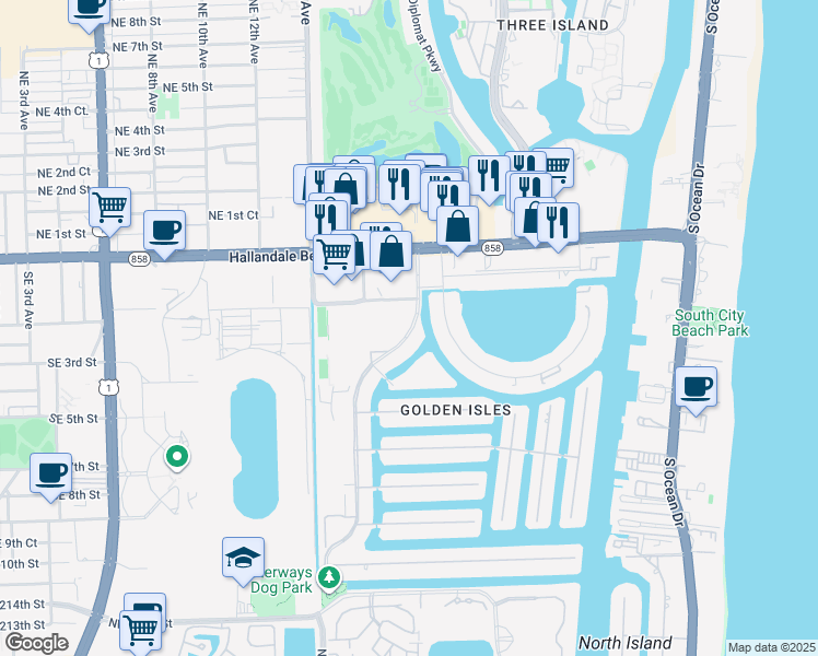 map of restaurants, bars, coffee shops, grocery stores, and more near 307 Layne Boulevard in Hallandale Beach
