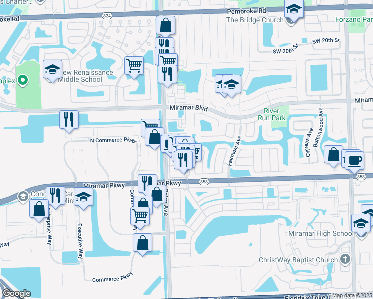 map of restaurants, bars, coffee shops, grocery stores, and more near 9910 River Run Circle South in Miramar