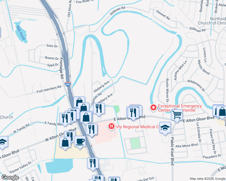 map of restaurants, bars, coffee shops, grocery stores, and more near 187 Willacy Avenue in Brownsville