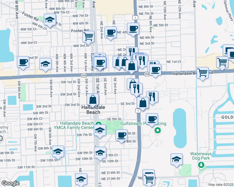 map of restaurants, bars, coffee shops, grocery stores, and more near 108 Southeast 2nd Street in Hallandale Beach