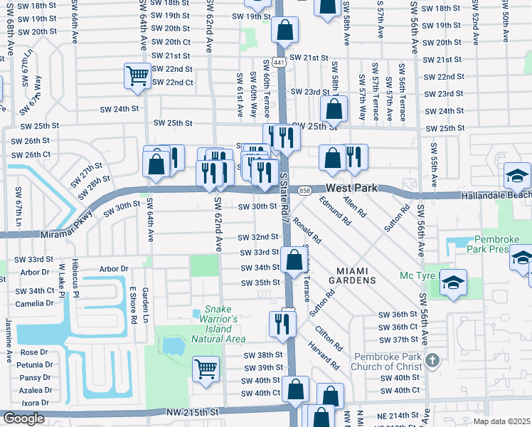 map of restaurants, bars, coffee shops, grocery stores, and more near 3056 South State Road 7 in Miramar