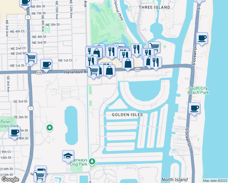 map of restaurants, bars, coffee shops, grocery stores, and more near 307 Layne Boulevard in Hallandale Beach
