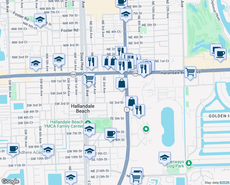 map of restaurants, bars, coffee shops, grocery stores, and more near 330 Southeast 2nd Street in Hallandale Beach