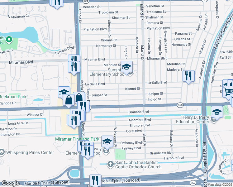 map of restaurants, bars, coffee shops, grocery stores, and more near 7812 Juniper Street in Miramar