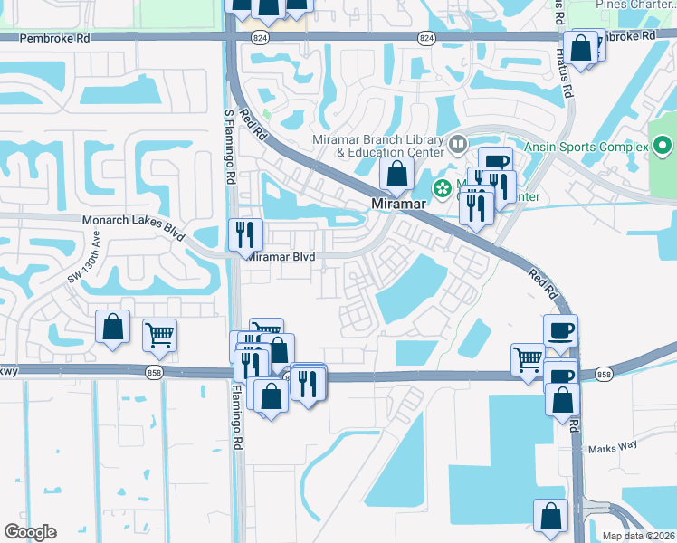 map of restaurants, bars, coffee shops, grocery stores, and more near 2656 Southwest 120th Terrace in Miramar