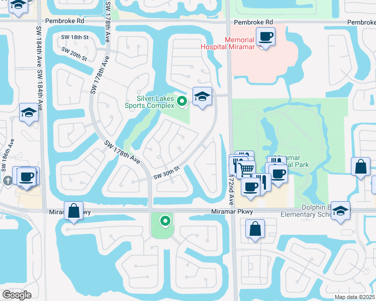 map of restaurants, bars, coffee shops, grocery stores, and more near 17445 Southwest 31st Court in Miramar