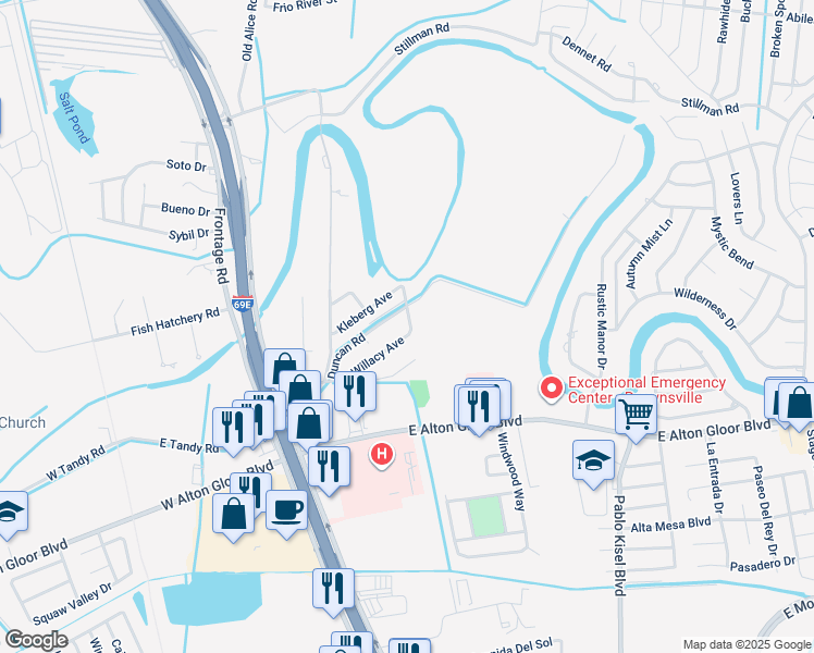 map of restaurants, bars, coffee shops, grocery stores, and more near 187 Willacy Avenue in Brownsville