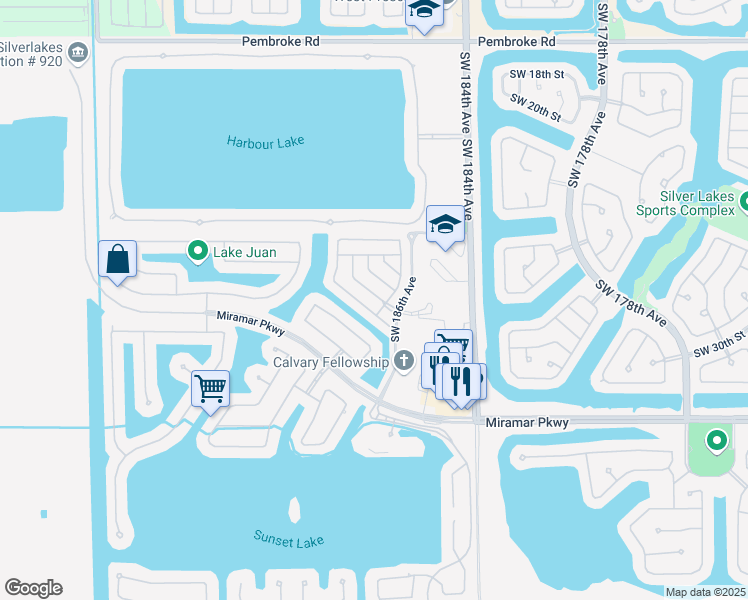 map of restaurants, bars, coffee shops, grocery stores, and more near 2921 Southwest 28th Street in Miramar