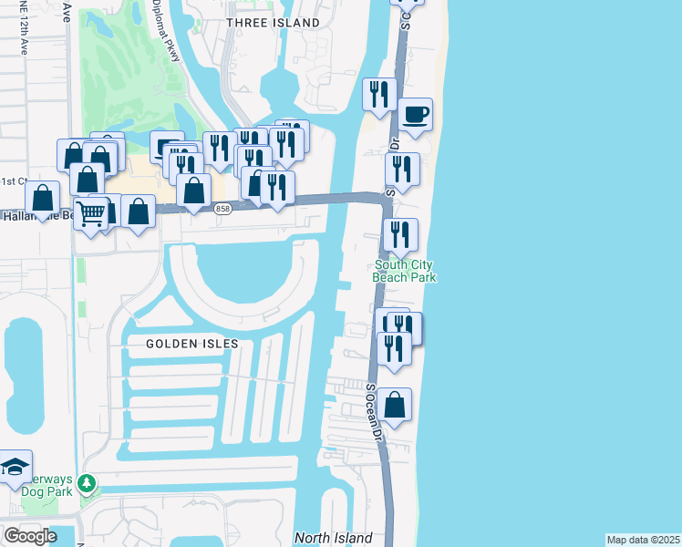 map of restaurants, bars, coffee shops, grocery stores, and more near 1889 South Ocean Drive in Hallandale Beach