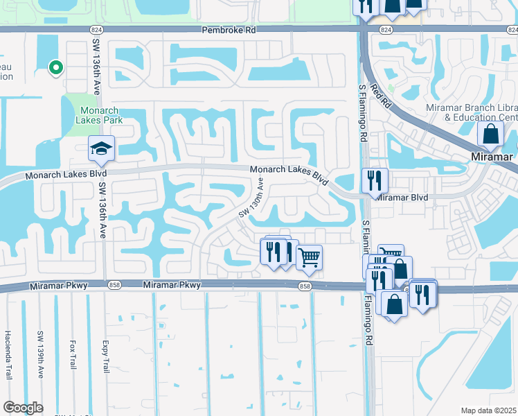 map of restaurants, bars, coffee shops, grocery stores, and more near 2757 Southwest 129th Terrace in Miramar